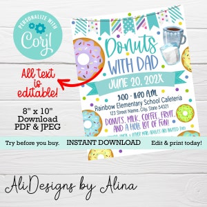 Donuts with dad fundraiser, printable flyer, PTA PTO event, Back to school brunch, Donut sale, Father&#39;s day event, Pastries with parents