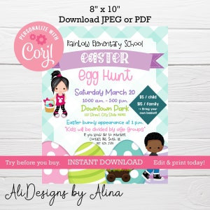 May include: Printable 8x10 inch flyer for a Rainbow Elementary School Easter Egg Hunt. The flyer is pink, blue, and green with a cartoon bunny and child. The event is on Saturday, March 20th from 10:00 a.m. to 2:00 p.m. at Downtown Park. The flyer includes the cost of the event, which is $5 per child or $15 per family. It also states that participants should bring their own basket.