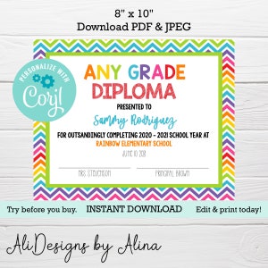 Printable Diploma, EDITABLE template, certificate of achievement, Preschool Graduation, Kindergarten Diploma, Elementary School printable