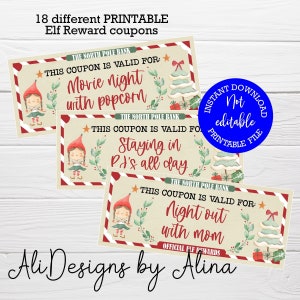 Girl elf reward coupons for kids, PRINTABLE Christmas coupons, INSTANT download, Stocking stuffers under 5 dollars, Elf games, Kids activity