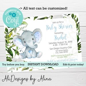 Einladung für JUNGE Babyparty, bearbeitbare Vorlage, Blaue Elefant-Dusche, Fahrt durch Feier, Babyparty per Post, Geschenke-Registrierkarte