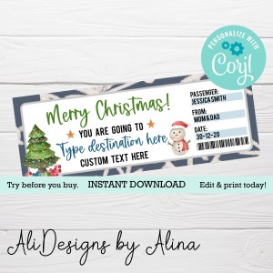 Christmas trip ticket EDITABLE template, Gift from Santa, Printable ticket, Surprise trip gift, Gift voucher, Vacation gift, Boarding pass