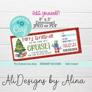 Plantilla de tarjeta de embarque de crucero de Navidad Boleto de crucero EDITABLE, boleto de regalo de crucero de vacaciones sorpresa, regalo de Navidad anticipado, revelación de crucero