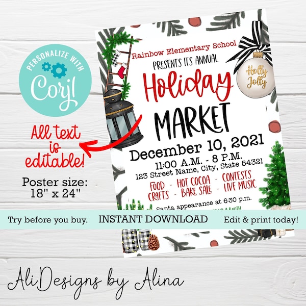 Holiday market PRINTABLE poster, Editable flyer for Bazaar, Winter festival, Holidays fundraiser, PTA PTO event, Craft fair, Christmas event