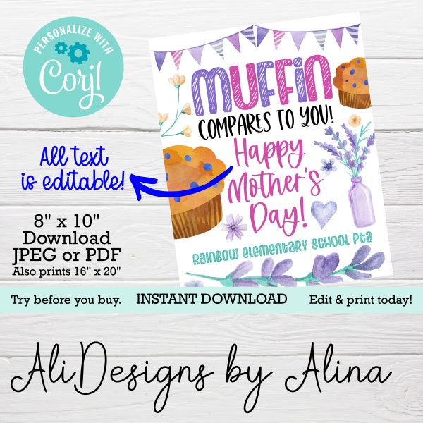 Muffin without you, Mother's Day sign, EDITABLE template, PRINTABLE sign, Muffins with mom, Breakfast table sign, Muffin compares to you