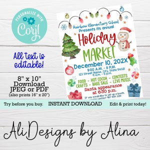 Holiday Market flyer, EDITABLE template, Christmas sale poster, Craft fair sign, PTA PTO Fundraiser ideas, Winter festival, Holiday Bazaar