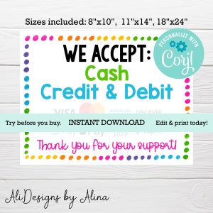 Aceitamos cartão de crédito Placa EDITÁVEL, estande de arrecadação de fundos, evento PTA PTO para impressão, placa Aceitamos dinheiro, Vendas de biscoitos para meninas