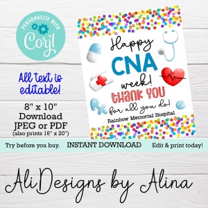 ハッピー CNA ウィーク サイン、編集可能なテンプレート、看護師の日、救急看護師、医療スタッフへの感謝、あなたのすべての働きに感謝、救急救命士の日