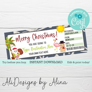 Billet de voyage de Noël à la plage, Modèle MODIFIABLE, Surprise de Noël, Cadeau du père Noël, Certificat de voyage, Carte d'embarquement pour la croisière, Chèque-cadeau