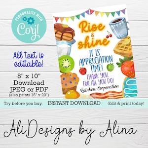 Rise and shine it is breakfast time, PRINTABLE sign, EDITABLE template, Teacher week, Staff appreciation, Brunch welcome sign, Pancake time