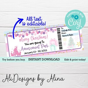 Viaje sorpresa a Orlando, viaje a Los Ángeles, entrada al parque de atracciones, Castillo de princesas, Regalo de Papá Noel, Plantilla EDITABLE, Boleto regalo de Navidad