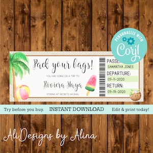 Carte d'embarquement pour la plage, billet imprimable pour toutes les occasions, cadeau de Noël, voyage au paradis, cadeau d'anniversaire, faux billet d'avion
