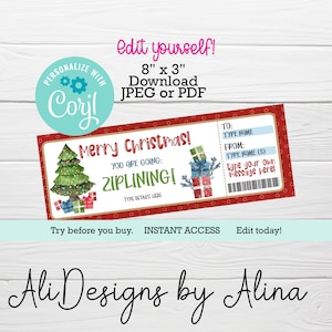 Modello di biglietto per lo zipline, buono regalo di Natale, voucher stampabile, buono regalo, esperienza zipline, coupon di Natale Esperienza all'aperto