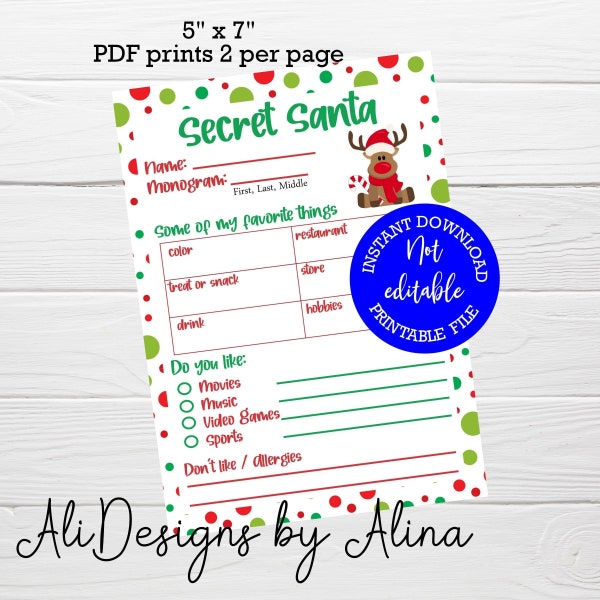 My favorite things Christmas survey, Secret Santa questionnaire, Gift exchange ideas, gift for him, gift for her, PRINTABLE all about me