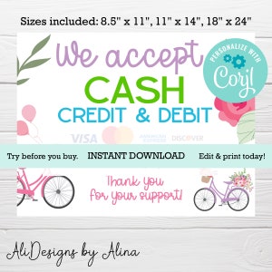 Wij accepteren creditcard Bewerkbaar bord voor Farmers Market, Crafts show, PTO PTA fundraiser, Spring Fling, CASH sign