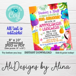 Invito al pranzo solare, pranzo Mahalo Hawaii, volantino EDITABILE, apprezzamento del personale insegnante, ringraziamento del dipendente, PTA PTO, giornata degli infermieri