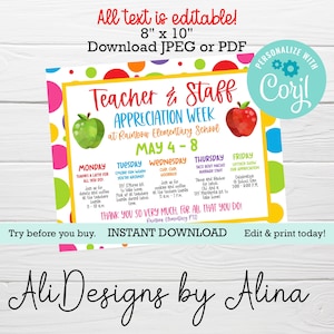 Teacher & Staff appreciation week Flyer, EDITABLE template, Itinerary of events, Appreciation week calendar, PTA PTO event, Rainbow flyer