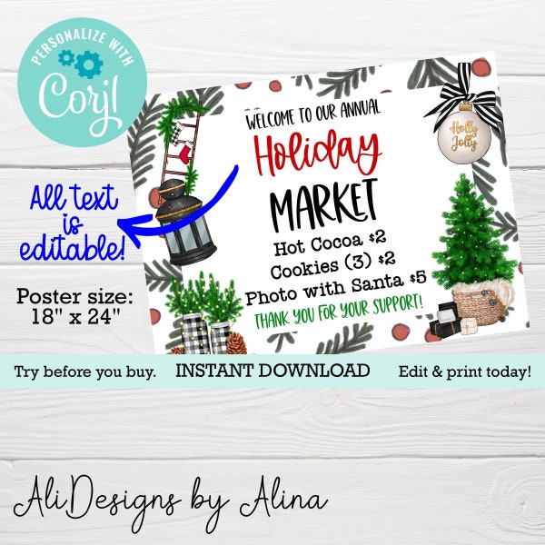 Holiday Market fundraiser POSTER Holiday festival price list for vendor booth Welcome Sign Yard Sign, Vendor sign Winter festival decoration