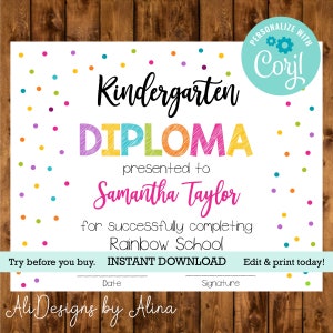 Plantilla de diploma editable, certificado de logros, diploma de graduación, preescolar, jardín de infantes, primaria, último día del campamento de verano