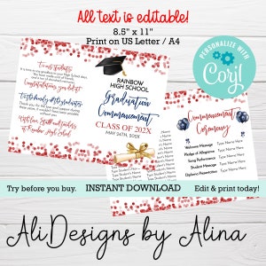 May include: Printable graduation commencement ceremony program template with red and white confetti background. The text reads "Rainbow High School Graduation Commencement Class of 202X May 24th, 202X".