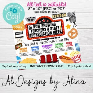 Teacher and staff appreciation week itinerary, editable calendar, Cinema Hollywood, Nurse appreciation, Movie star teachers