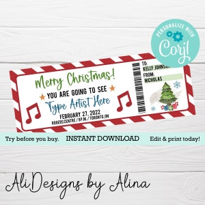 Weihnachtsgeschenk Konzertkarte EDITIERBARE Vorlage, Live-Auftrittskarte, Überraschungsgeschenk, Eintrittskarte, frühes Weihnachtsgeschenk, Scheinkarte