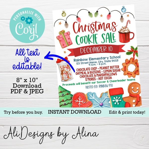 Christmas Cookie sale flyer, Editable template, fundraiser event, Holiday bake sale, Church fundraiser, PRINTABLE poster, PTA PTO event