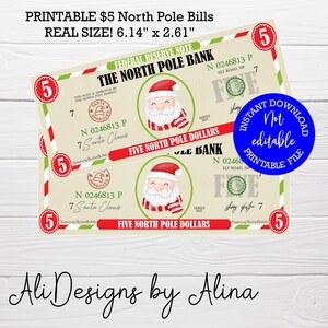 Santa Dollars PRINTABLE Play Money North Pole Money Five Dollar Bills Santa Dollars PRINTABLE Play Money North Pole Money Five Dollar Bills