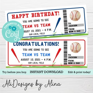 Baseball ticket, EDITABLE template, printable Gift certificate, Ball game voucher, Father&#39;s Day Gift, Last minute present, Graduation gift