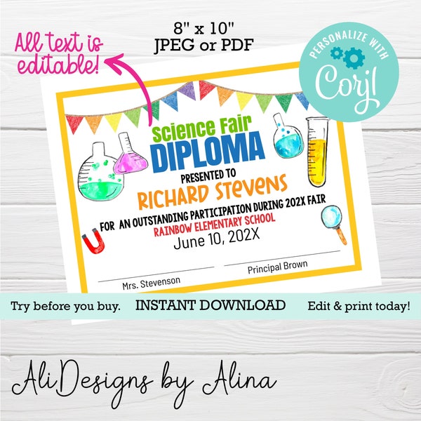 Science fair Diploma, Editable template, certificate of achievement, STEAM Night, participation award, Instant Download, Room mom, PTA PTO