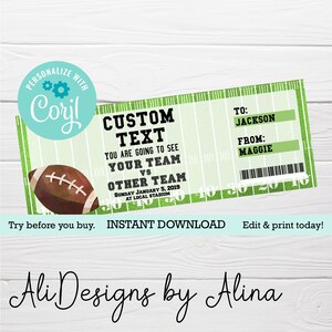 Boleto imprimible para partido de fútbol, plantilla EDITABLE, boleto de fútbol, certificado de regalo IMPRIMIBLE, regalo para novio, regalo de aniversario