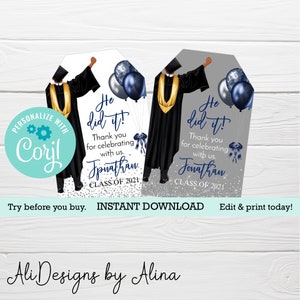 Navy and Silver Graduation Favor Tag: Editable Champagne Label (Digital File)
