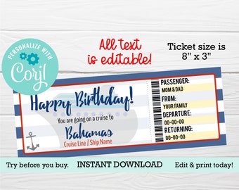 Surprise cruise trip, gift certificate, printable voucher, fake ticket, boarding pass, EDITABLE template, anniversary gift, Birthday voucher