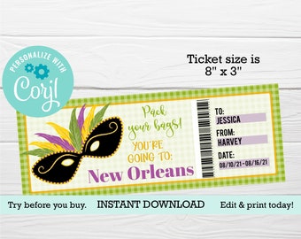 Boarding pass to New Orleans, printable ticket, surprise trip to Mardi Gras, gift certificate, Graduation present, EDITABLE template