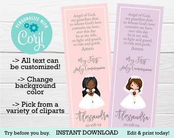 Marcador de favores para a Primeira Comunhão, marcador EDITÁVEL para MENINA, cartão de oração do Rosário, PDF para impressão, Primeira Comunhão para Menina, Download Instantâneo