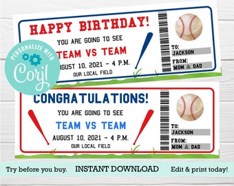 Baseball ticket, EDITABLE template, printable Gift certificate, Ball game voucher, Father's Day Gift, Last minute present, Graduation gift