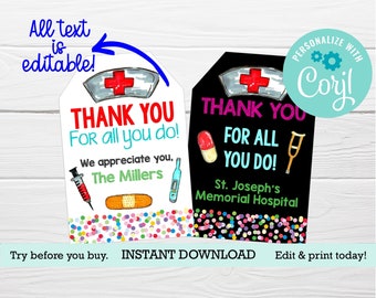 May include: Two printable thank you tags for nurses. The first tag has a white background with colorful confetti and the text "Thank You For All You Do! We appreciate you. The Millers". The second tag has a black background with colorful confetti and the text "Thank You For All You Do! St. Joseph's Memorial Hospital".