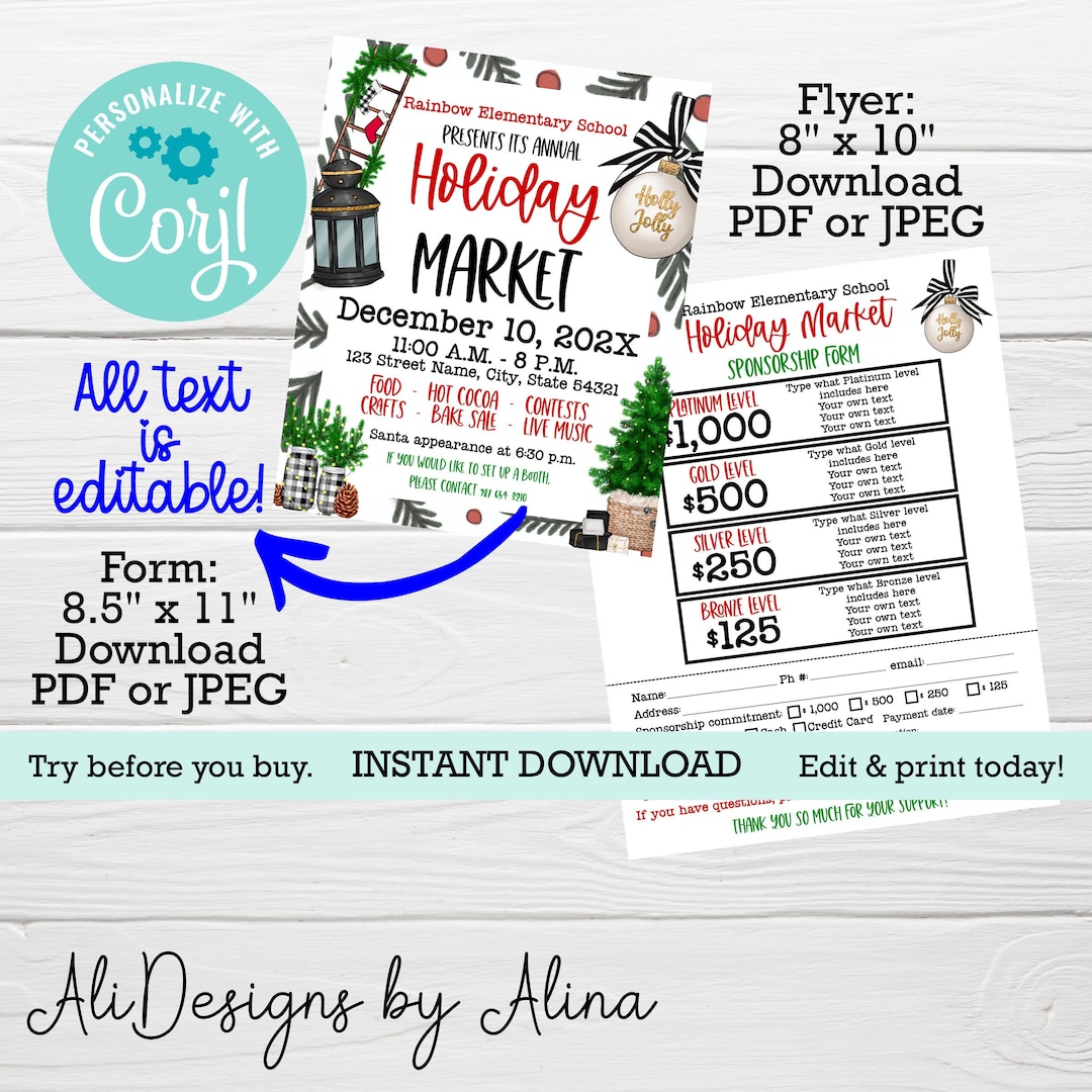 Holiday Fundraiser Flyer and Sponsorship Form, Editable Templates