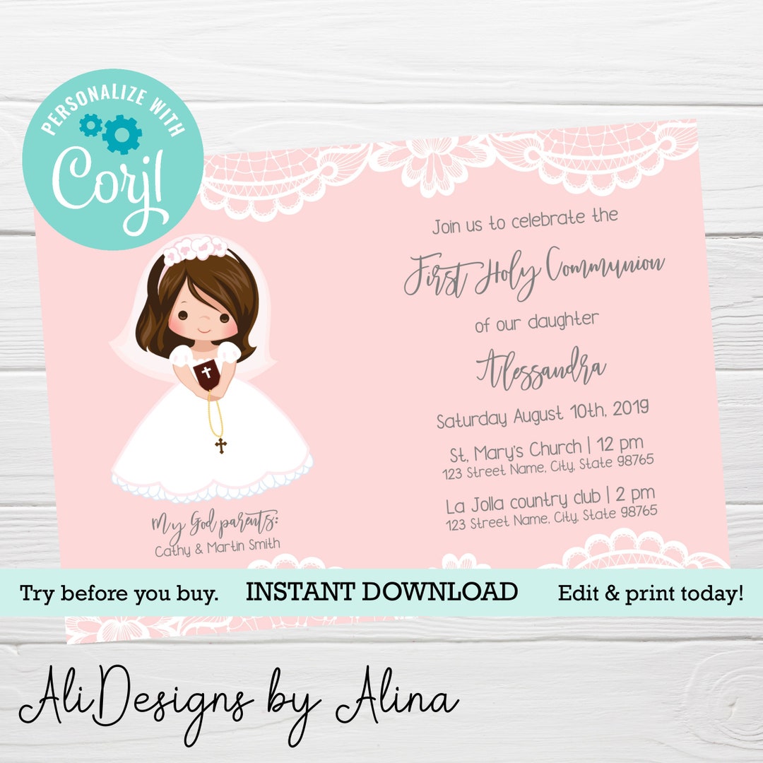 Invitation for GIRL First Holy Communion, EDITABLE Template, DIGITAL ...