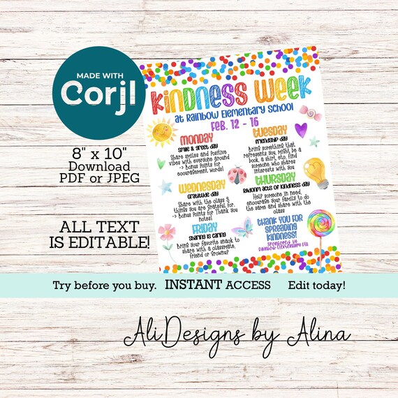 Kindness Week EDITABLE Flyer, Spirit Week Flyer Template Itinerary of  Events, Week Calendar Printable Handout, Inclusion Event, Be Kind Week -  Etsy