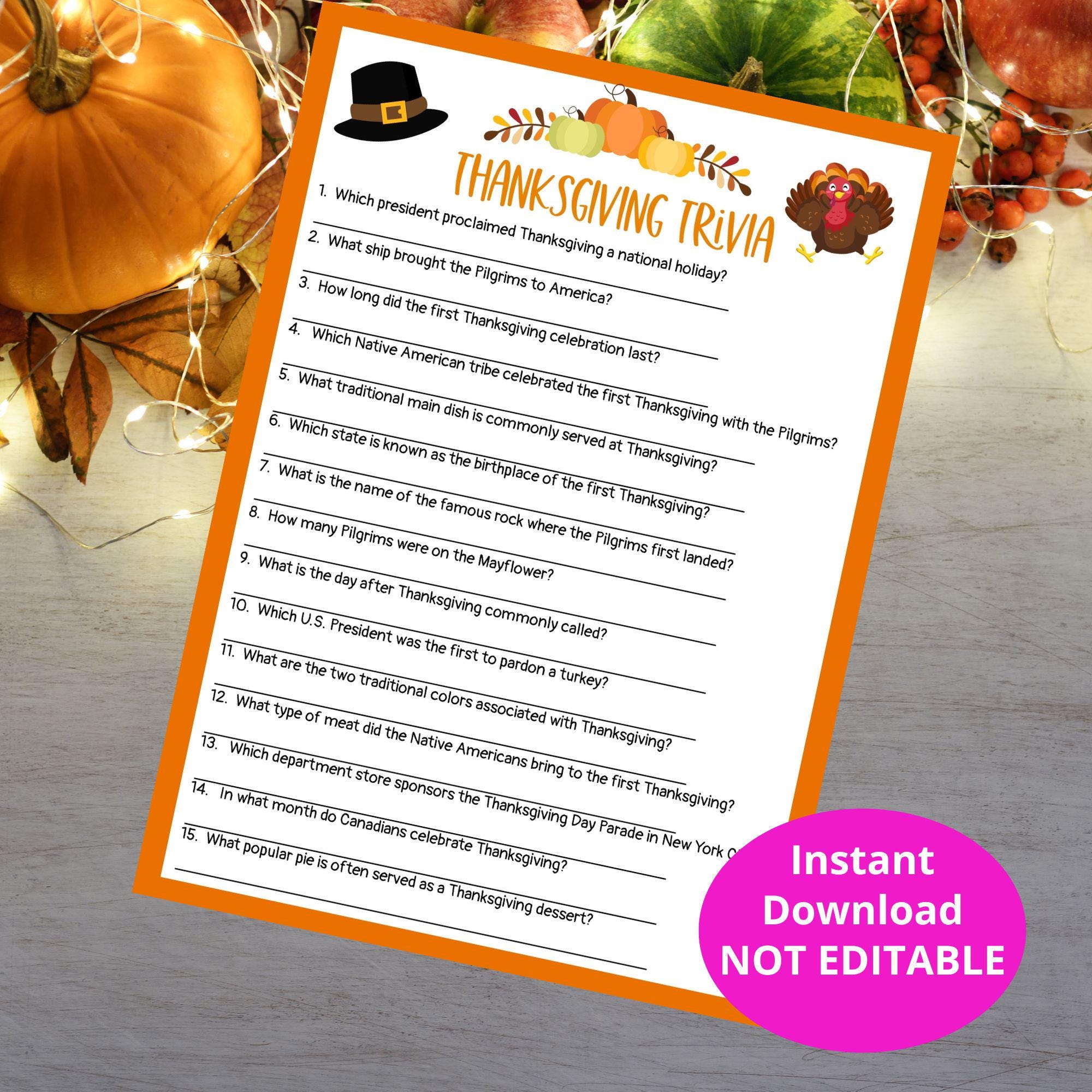 Thanksgiving Trivia Printable Game, Instant Download, Fun Thanksgiving party Game Ideas, School Thanksgiving Trivia Game
