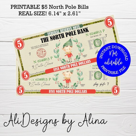 printable north pole dollars elf money play money for kids etsy