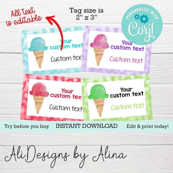 Ice Cream Tags EDITABLE Template Notebook Stickers Birthday - Etsy