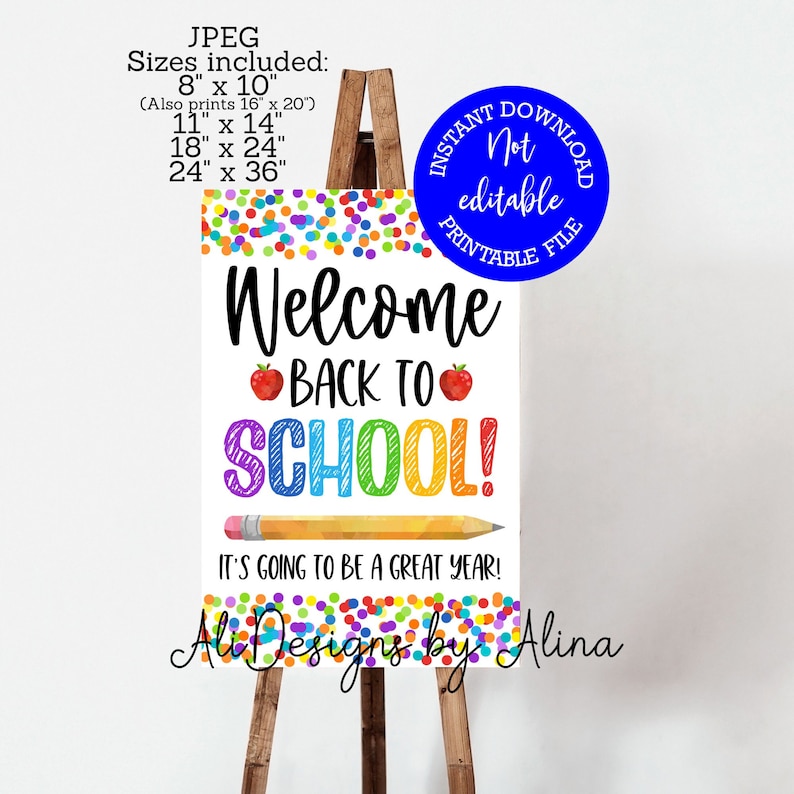 Peut inclure: Affiche imprimable de bienvenue &agrave; l'&eacute;cole avec un crayon arc-en-ciel, des pommes rouges et des confettis. L'affiche indique "Bienvenue &agrave; l'&eacute;cole ! Ce sera une super ann&eacute;e !" et est disponible en 8x10 pouces, 11x14 pouces, 18x24 pouces et 24x36 pouces.