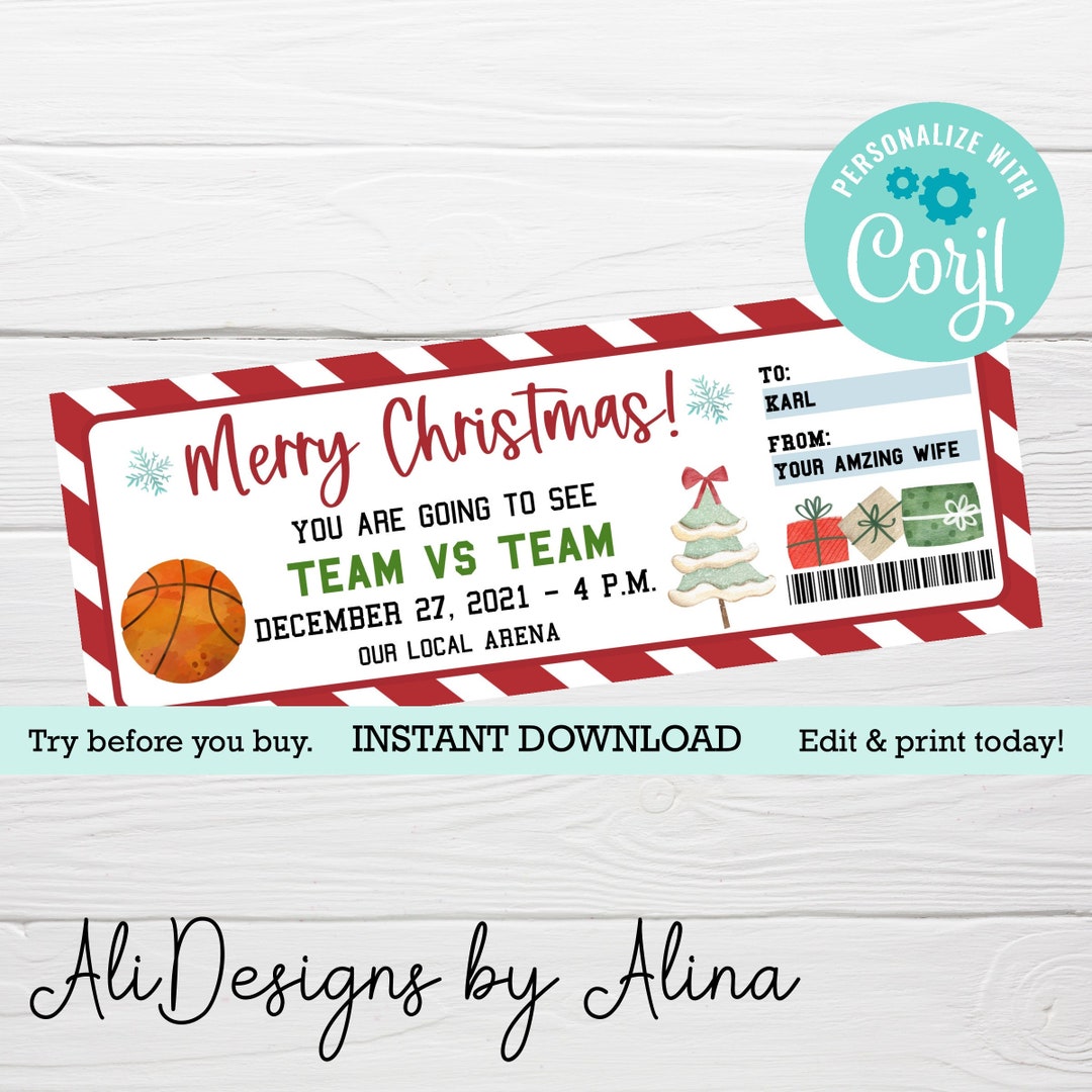 Basketball Ticket EDITABLE Template, Christmas Gift, INSTANT Download ...