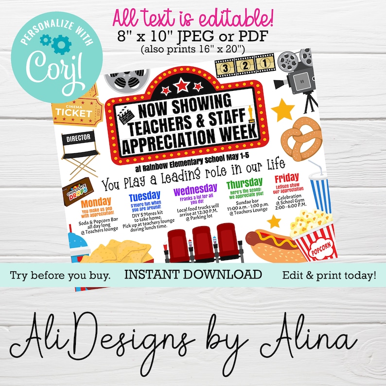 Movies theme, Hollywood Stars Teachers Staff appreciation week, EDITABLE bundle, calendar, room Service, Luncheon invite, tag sign, PTA PTO image 3
