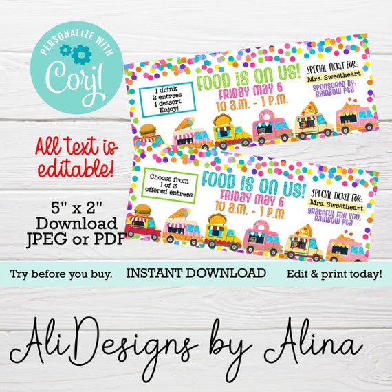 Food Truck Ticket EDITABLE Template Printable Voucher PTA Etsy