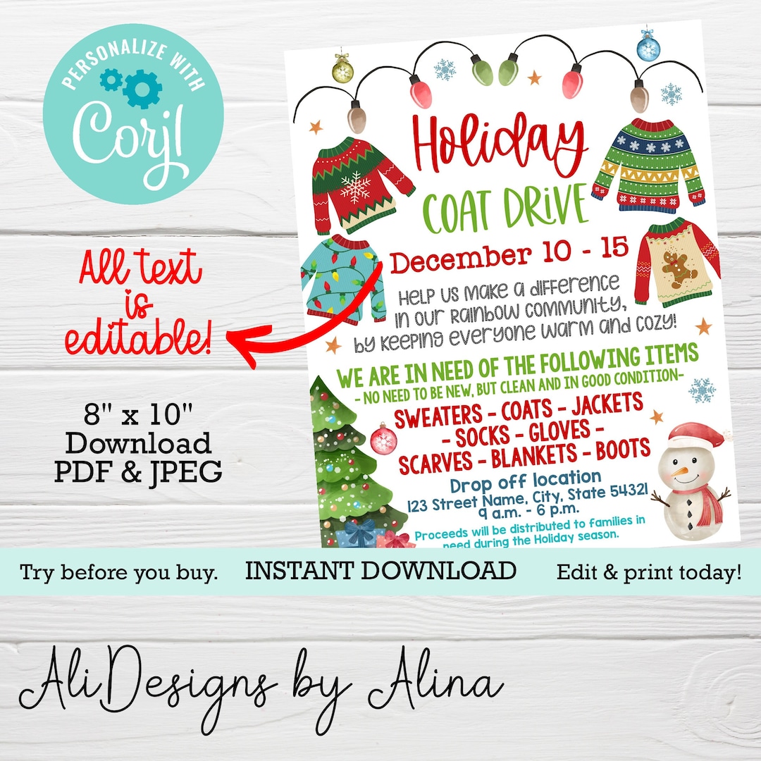 Holiday Coat Drive, EDITABLE Flyer, Printable Poster, Blanket