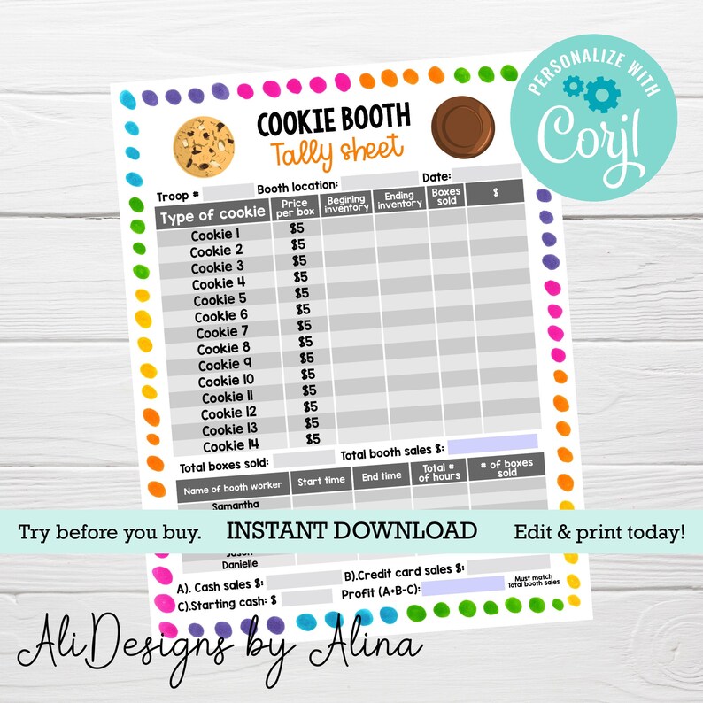 Cookie Booth Tally Sheet EDITABLE Template Cookie Sales Etsy