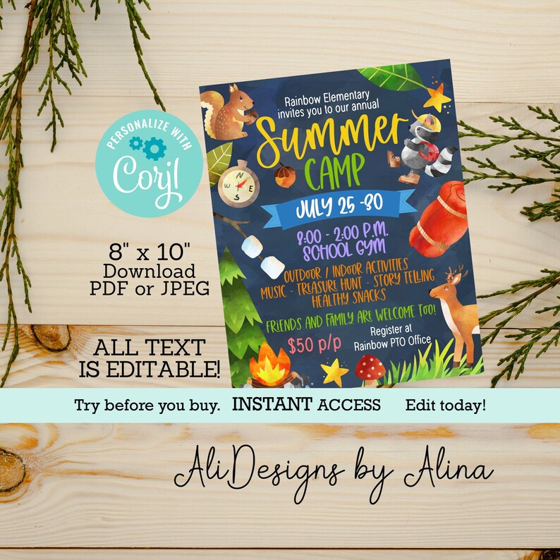 K&ouml;nnte beinhalten: Editierbarer, druckbarer Flyer im Format 8x10 Zoll f&uuml;r ein Sommercamp an der Rainbow Elementary School. Der Flyer hat einen blauen Hintergrund mit Illustrationen eines Lagerfeuers, eines Waschb&auml;ren, eines Hirsches und eines Eichh&ouml;rnchens. Der Text lautet "Summer Camp" in wei&szlig;en Buchstaben mit rotem Rand. Der Flyer enth&auml;lt die Daten vom 25. bis 30. Juli, die Zeit von 9:00 bis 14:00 Uhr, den Ort "Schul-Turnhalle" und den Preis 50 &euro; pro Person.